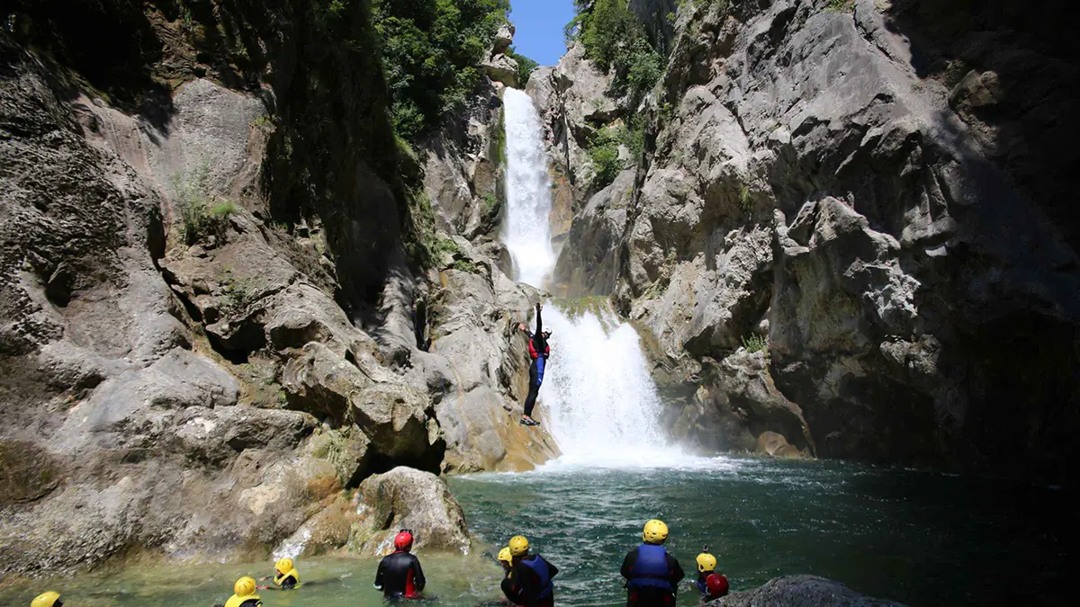 Canyoning group at a Cetina pool below the canyon walls