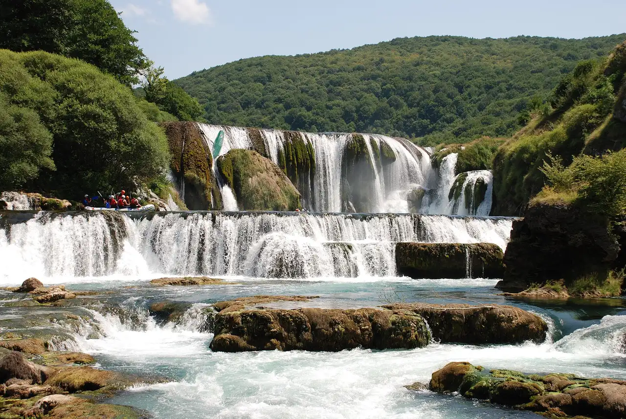 The Una river waterfalls — terraced travertine steps at the Croatian-Bosnian border