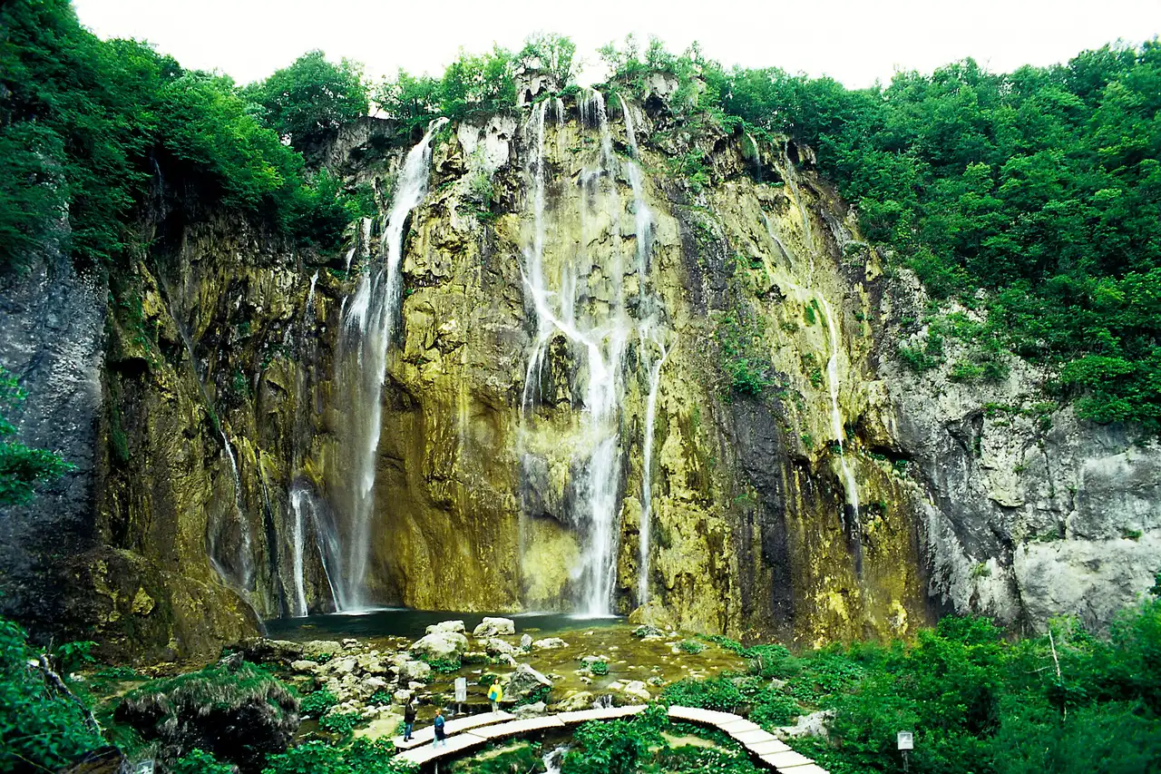Veliki slap dropping 78 metres of bare rock at the foot of the lower lakes in the Plitvice Lakes National Park